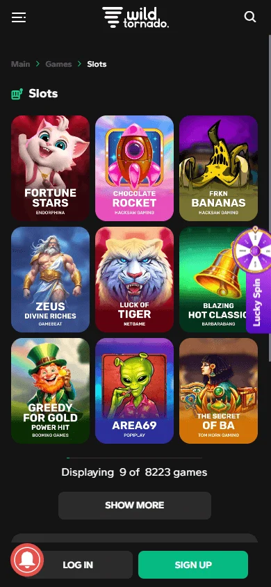 WildTornado Casino game browsing interface on a mobile browser