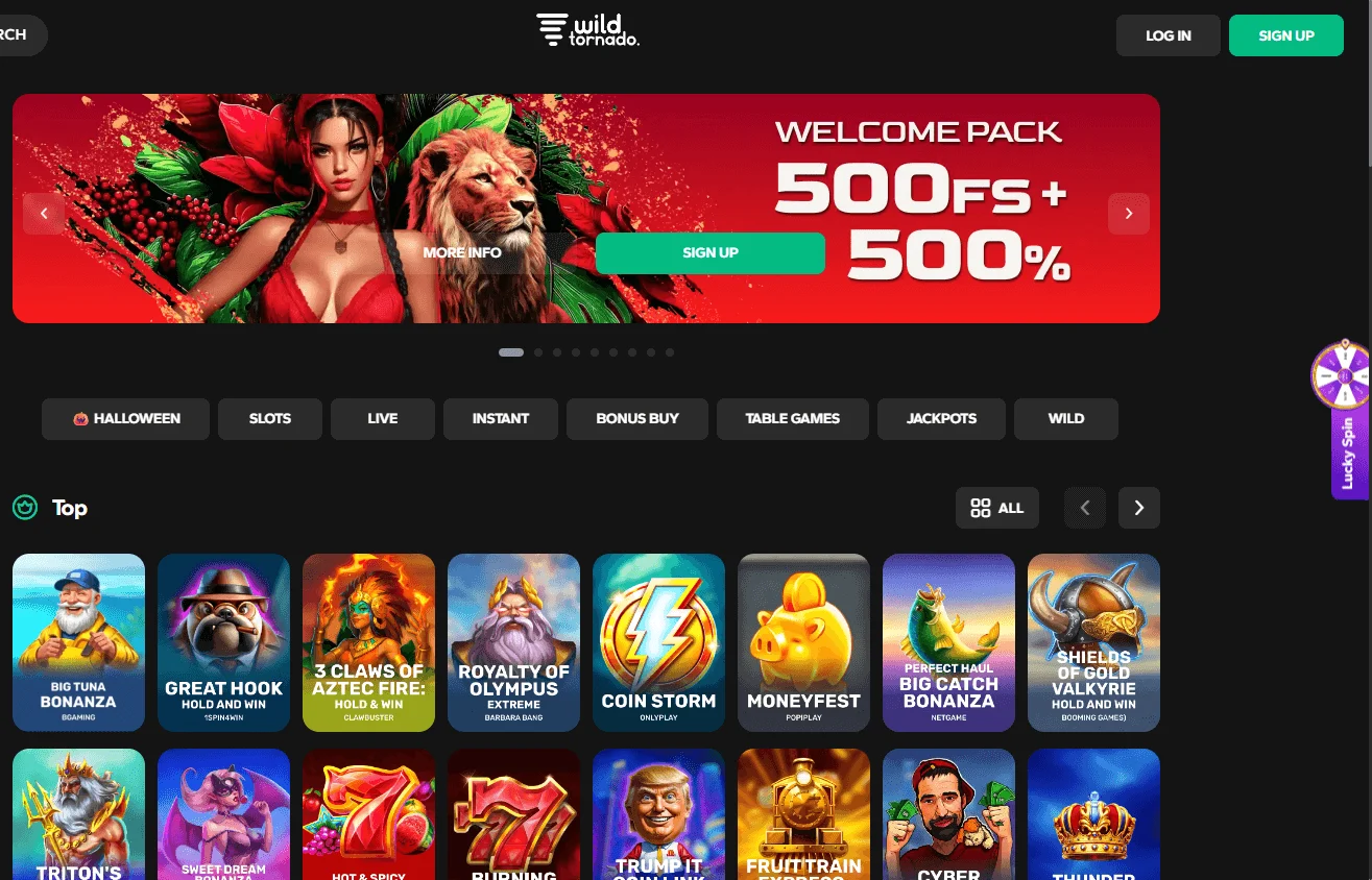 WildTornado Casino home interface on desktop