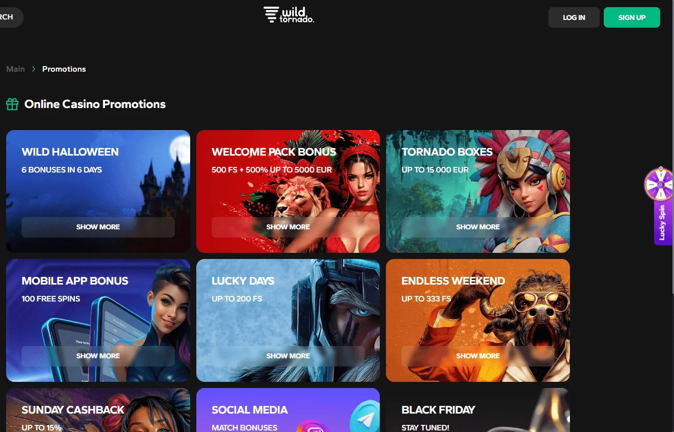 WildTornado Casino promotions interface on desktop
