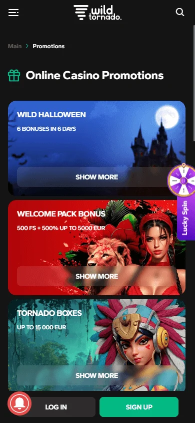 WildTornado Casino promotions interface on a mobile browser