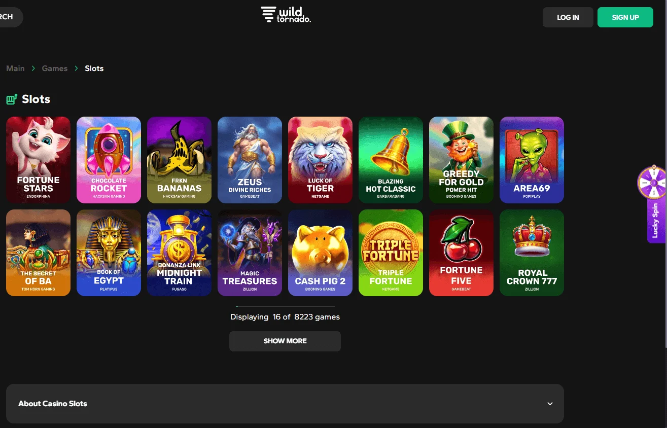 WildTornado Casino game browsing interface on desktop